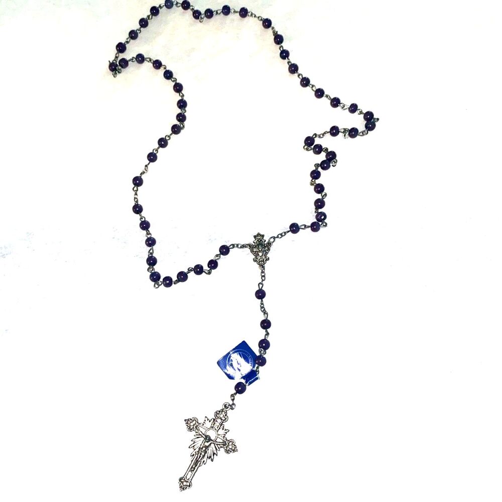 VTG Roman Catholic Lady of Fatima Rosary Made in Italy Purple Beads Silver Metal